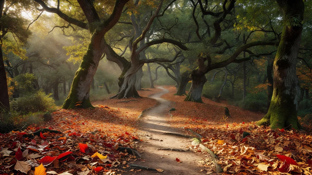 Winding trail through autumn oak trees