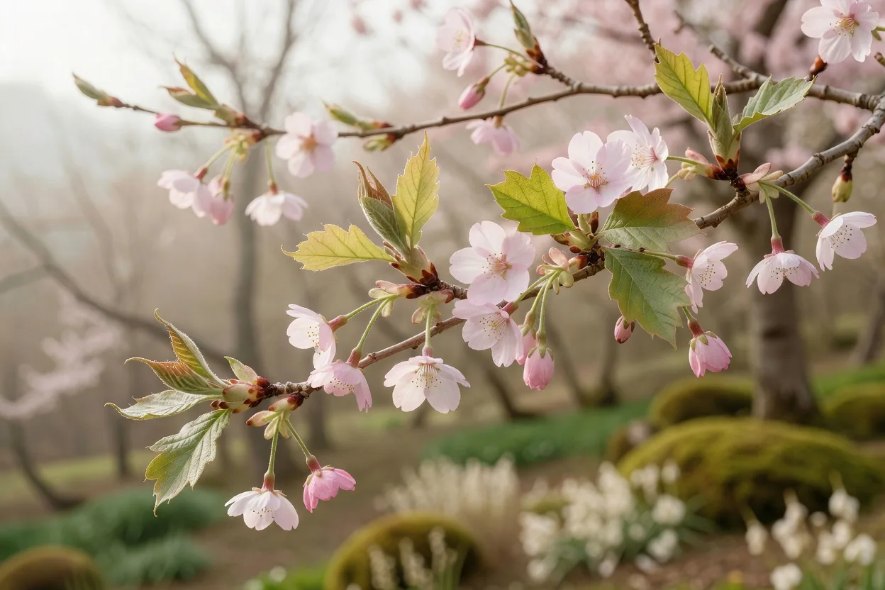 樫林近くに咲く桜と新緑 — cherry blossoms near the oak groves in early spring