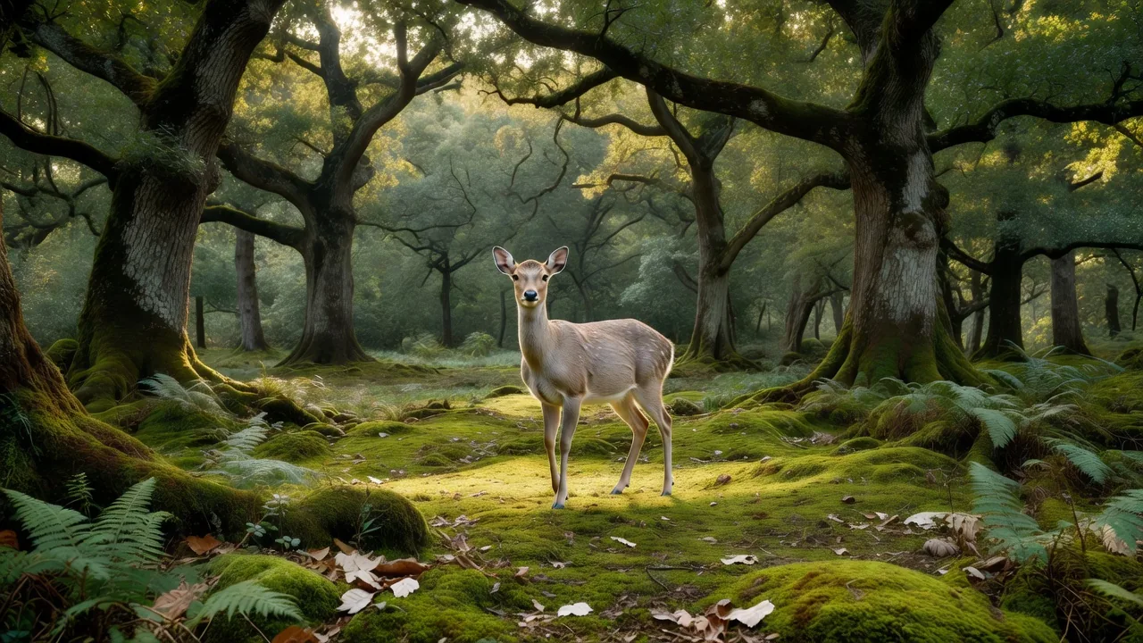 樫林の中で休む鹿 — a deer resting quietly within the oak forest