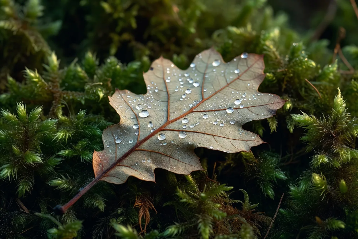 露に濡れた樫の葉と苔 — dew on an oak leaf resting among moss in the valley