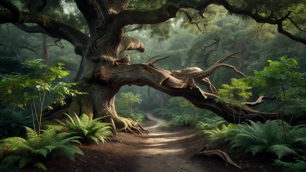 Path passing an old fallen oak tree