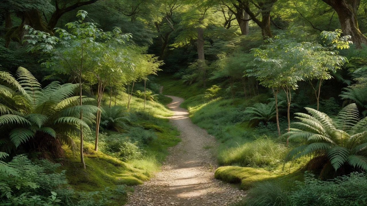 シダに縁取られた樫林の小径 — a narrow path bordered by ferns beneath the oak canopy
