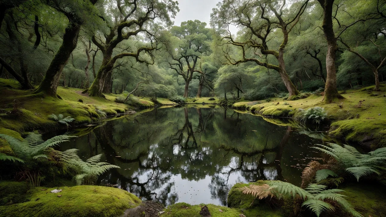 樫の森が水面に映る静かな池 Oak forest reflected in a still forest pond