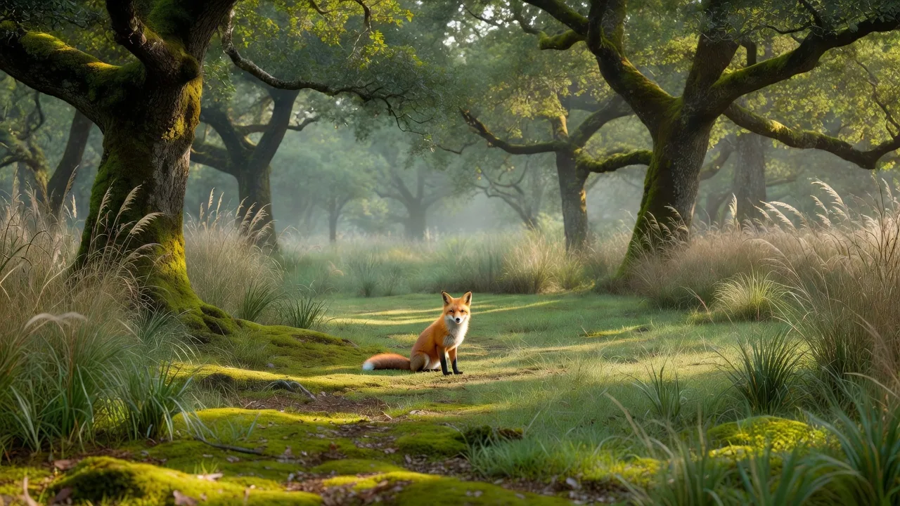 樫林の縁に現れた狐 — a fox glimpsed at the edge of an oak forest clearing
