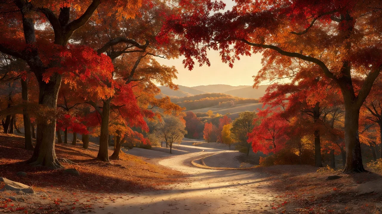 黄金色に染まる秋の樫林 — golden autumn light through the oak forest canopy