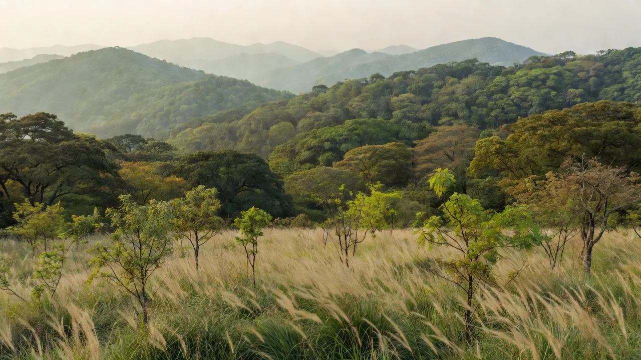 秋葉稜線の道から見る重なる樫の丘 — layered oak forest hills along the Akiha Ridge Path