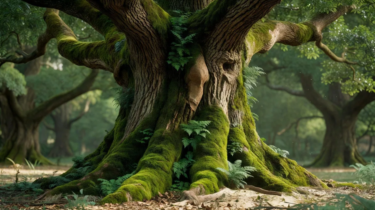 苔むした樫の木の幹 Moss-covered oak tree trunk