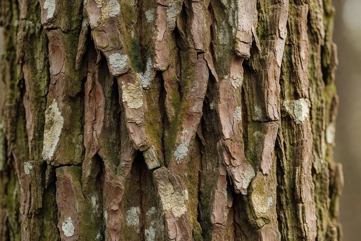 苔の谷の道に見られる樫の樹皮と地衣類 — close-up of oak bark and lichen along the Moss Valley Path