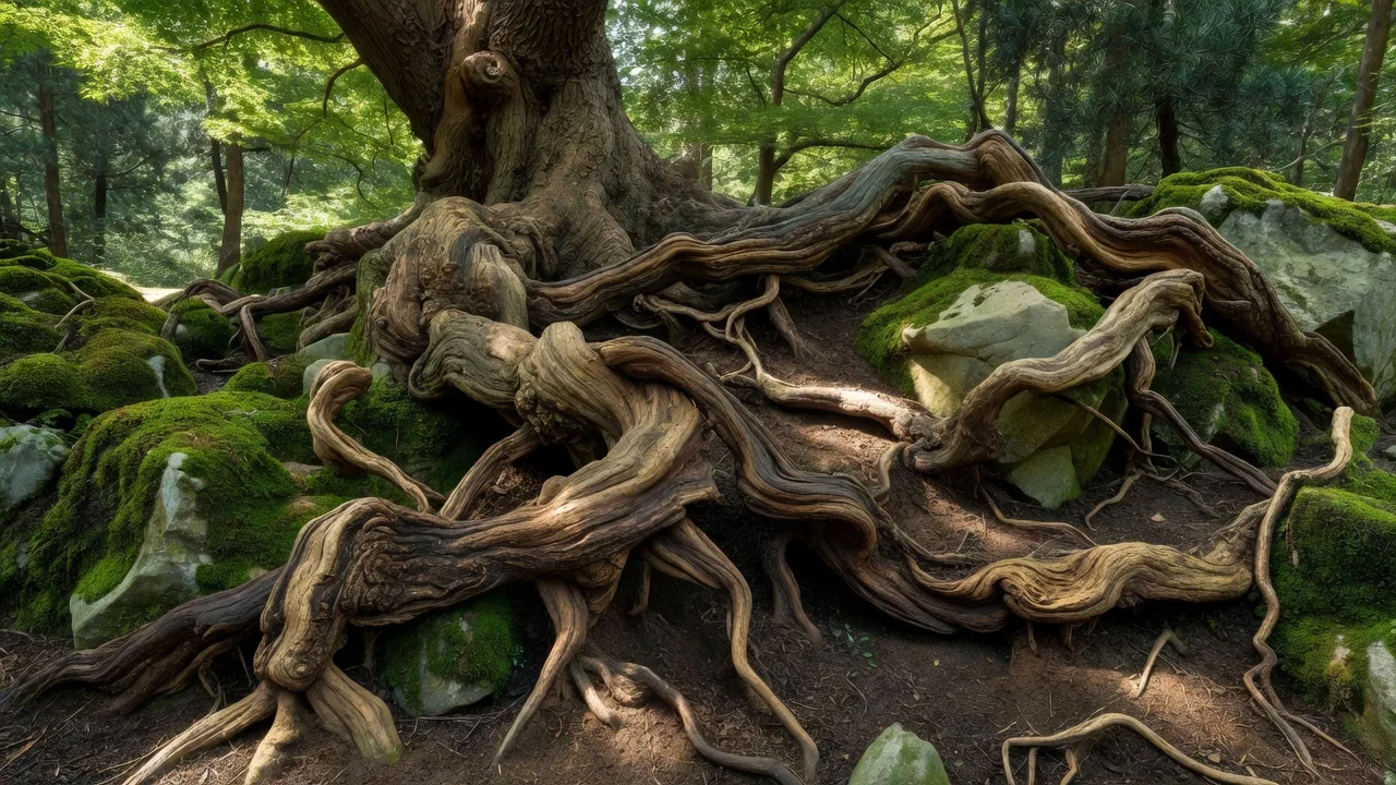 Oak tree roots wrapped in moss