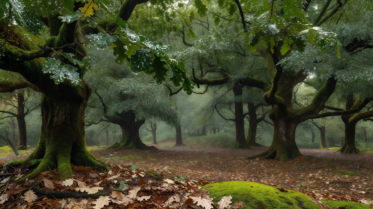 Rain falling on oak forest foliage, illustrating changeable trail conditions