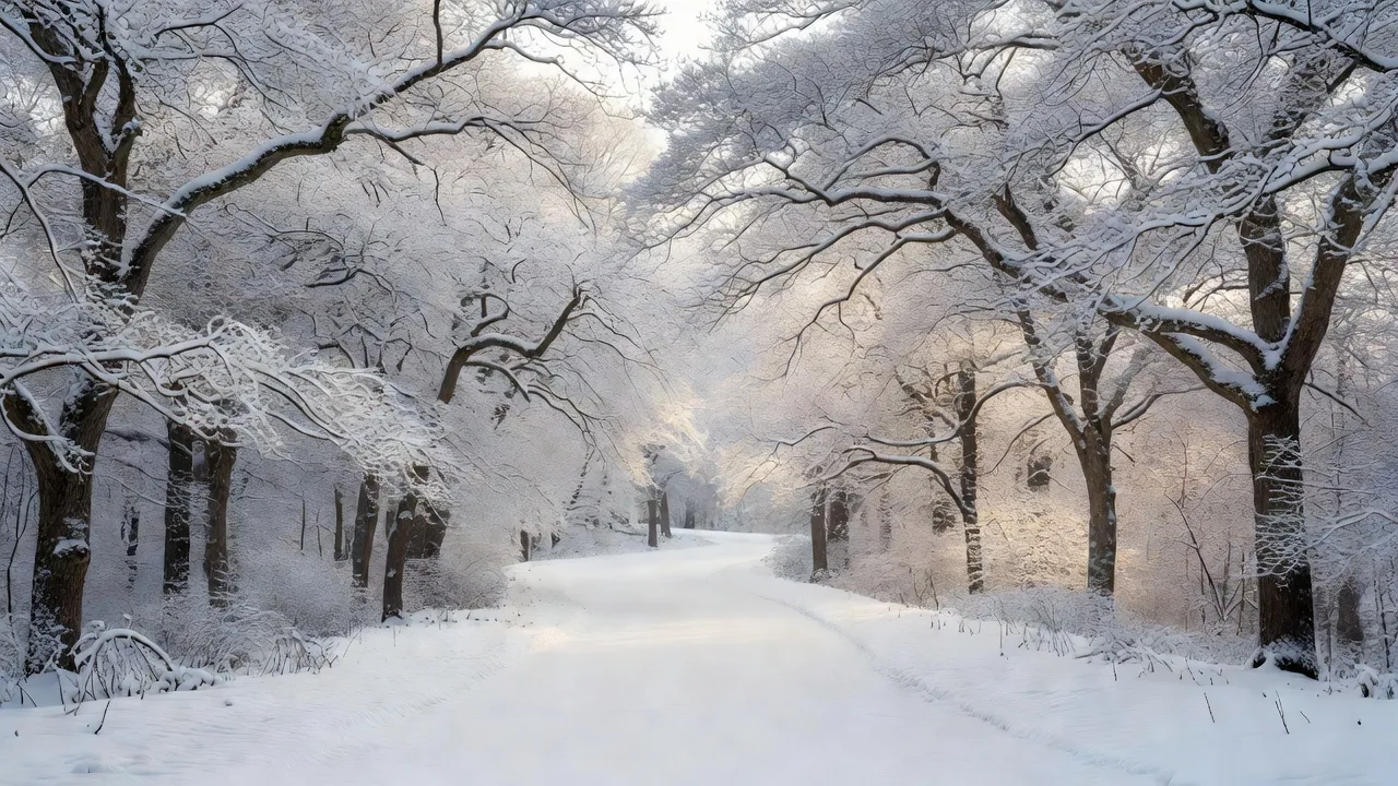 雪に覆われた冬の樫林 — snow settling quietly over the winter oak woodland