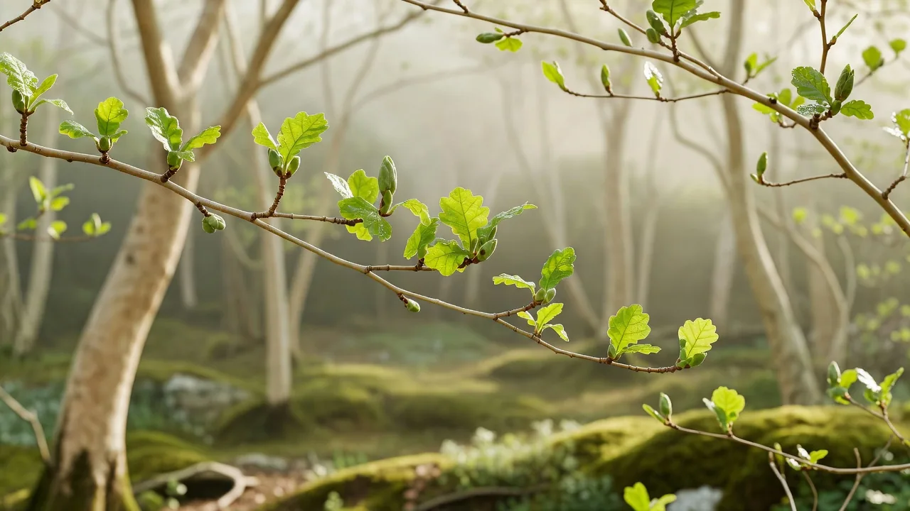 Fresh spring oak foliage along a forest trail