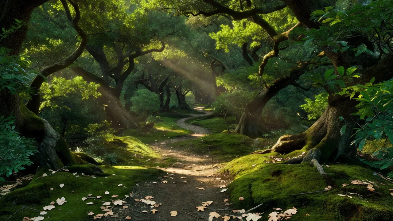 Dense green summer trail through the oak woods after recent rain