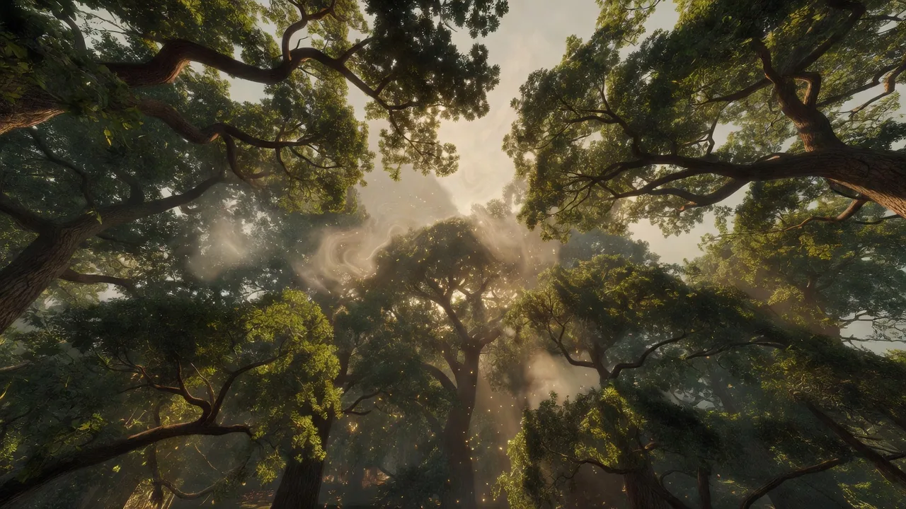 樫の林冠から差し込む陽光 Sunlight beams filtering through oak canopy