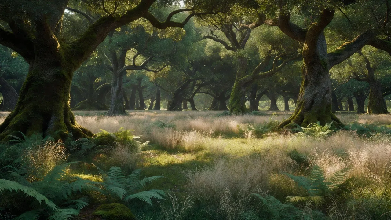 夏の樫林に広がる木漏れ日の草地 — a sunlit clearing of grass within the summer oak forest