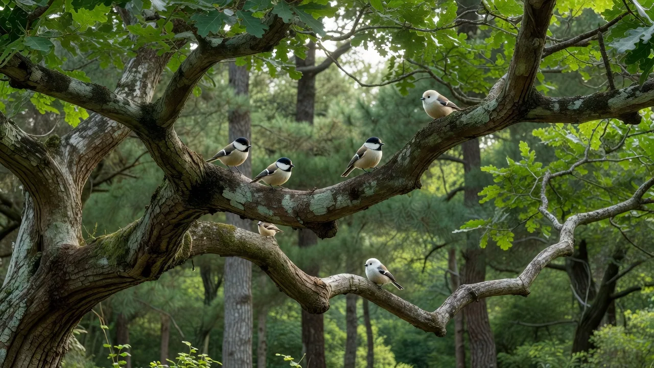 樫の枝に集う野鳥 — wild songbirds gathered on oak branches