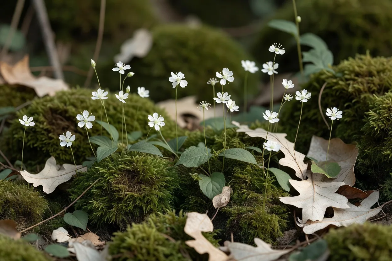 Wildflowers scattered across the forest floor