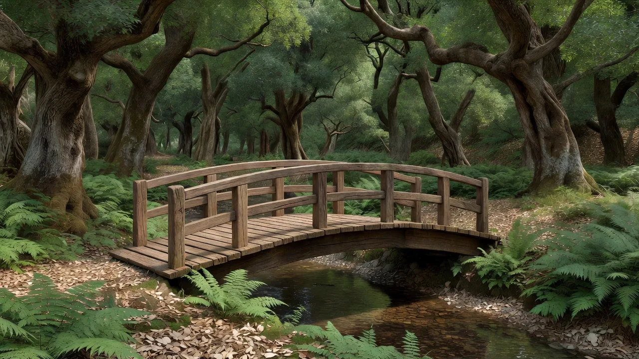 Wooden bridge crossing a stream in the oak forest